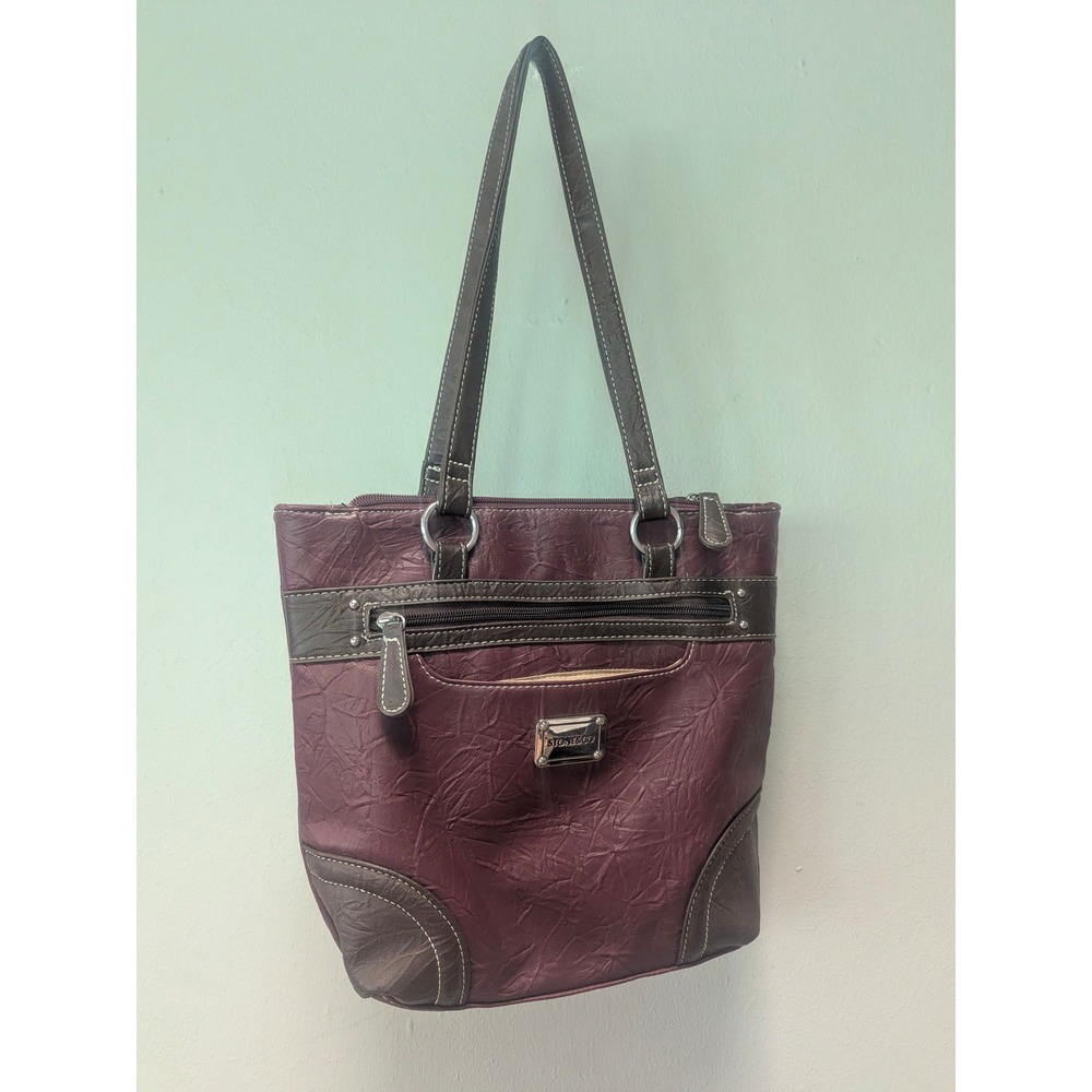 Stone & Co Burgundy Brown Shoulder Tote Bag Multi Pocket Leather Trim 69542